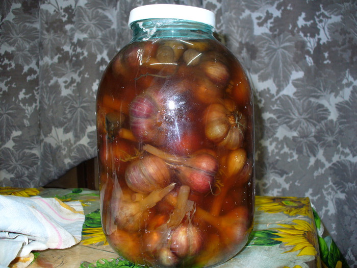 Pour the jars of garlic with cold pickle and close with plastic covers